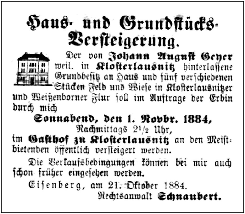 1884-10-21 Kl Haus Versteigerung